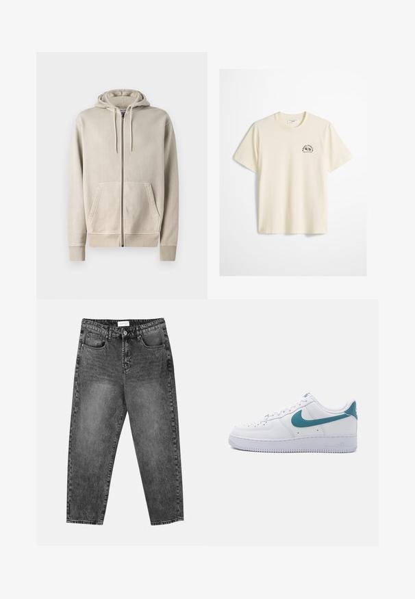 Samsøe Samsøe PIGMENT ZIP HOODIE - Φούτερ με φερμουάρ - moonstruck; Λευκό βαμβακερό T-shirt με κοντά μανίκια, στρογγυλή λαιμόκοψη και μικρό μαύρο αθλητικό λογότυπο στο αριστερό στήθος που αναγράφει "MOPD SPORTS MARC O'POLO DENIM."; Μαύρα φθαρμένα τζιν παντελόνια με ίσια γραμμή, μπροστινές και πίσω τσέπες, θηλιές ζώνης και κουμπί κλεισίματος στη μέση.; Nike Sportswear AIR FORCE 1 '07 LOW ESSENTIAL - Αθλητικά παπούτσια - white/smokey blue