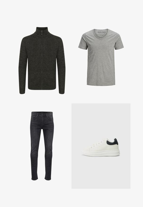 Strickjacke mit Reißverschluss in Dunkelgrau, mit hohem Kragen, strukturiertem Stoff, langen Ärmeln und einem Frontreißverschluss zur Schließung.; Graues Kurzarm-T-Shirt mit V-Ausschnitt. Hergestellt aus weichem Stoff mit feiner Struktur. Das Markenetikett auf dem Kragen trägt die Aufschrift "JACK & JONES".; Hoch sitzende Skinny-Jeans aus dunkelgrauem Denim, mit seitlichen und hinteren Taschen, einem vorderen Knopfverschluss und dezenten Ausbleichdetails.; Weißer Ledersneaker mit schwarzem Fersenakzent, rundem Zehenbereich, flacher weißer Sohle und Schnürverschluss. Minimale Perforationen an den Seiten.