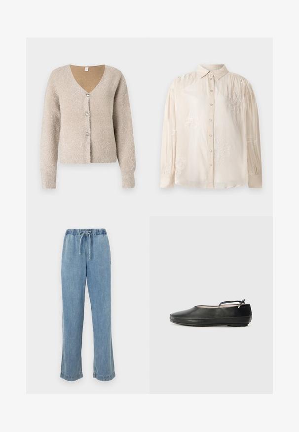 Beige, flauschiger Cardigan mit V-Ausschnitt, drei silbernen Knöpfen vorne und langen Ärmeln. Weicher Stoff mit subtiler Glanz.; Beige Bluse mit langen Ärmeln und Knopfleiste, versehen mit weißen Blumenstickereien und gerafften Schulterdetails. Glatte Stofftextur.; Helle blaue Jeans mit elastischem Bund, Kordelzug und aufgerollten Säumen. Gerades Bein mit lässiger Passform.; Schwarze Leder-Ballerinas mit runder Zehenpartie, einem Knöchelriemen und einer glatten Oberfläche. Sie verfügen über minimale Verzierungen und eine flexible Gummisohle.