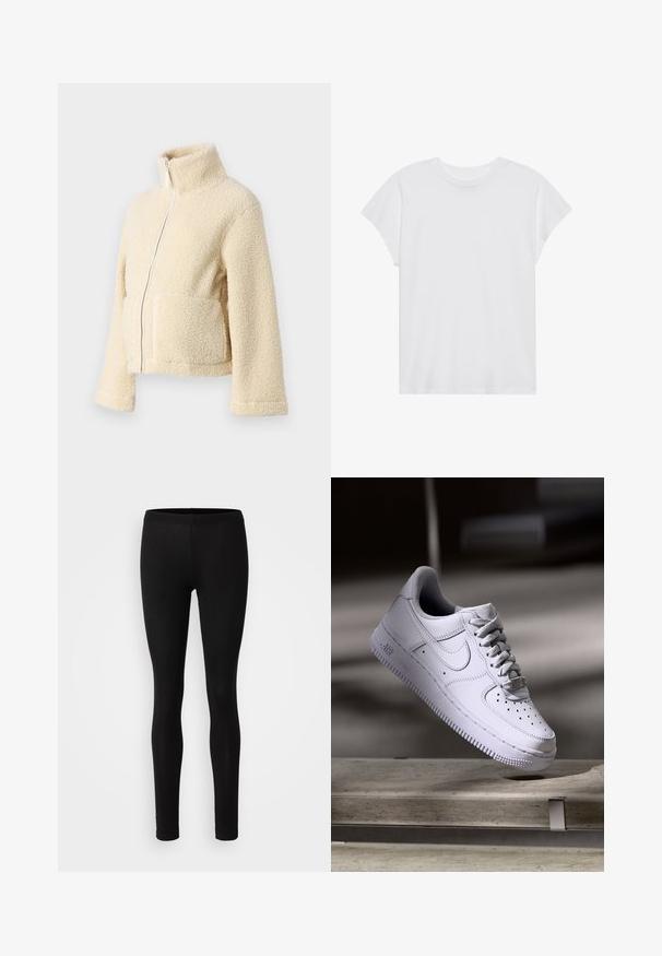 Veste en polaire crème avec un col haut, fermeture éclair frontale et deux poches à rabat. Présente une surface douce et texturée ainsi que des manches larges.; T-shirt blanc à manches courtes, col rond, coupe décontractée, en tissu de coton doux. Texture lisse, sans motifs ni logos.; Leggings noirs en tissu doux et extensible. Ils ont une coupe ajustée avec une taille élastique et une texture lisse et mate.; Baskets Nike Air Force 1 blanches lévitant au-dessus d'une surface en béton avec des ombres dans un cadre minimaliste.