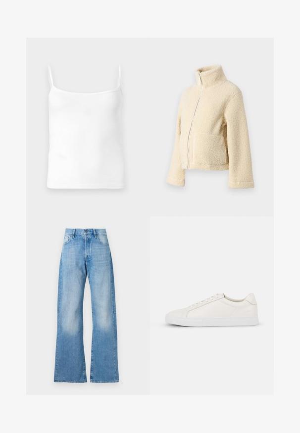 Chaqueta de forro polar crema con cuello alto, cremallera frontal y dos bolsillos de parche. Presenta una superficie suave y texturizada y mangas anchas.; Top de tirantes finos blanco con canalé, escote redondeado y forma ajustada, hecho de una suave mezcla de algodón.; Vaqueros de mezclilla de color azul claro, acampanados y de cintura alta, con cinco bolsillos y un cierre clásico de botón. Presentan un desvanecimiento sutil y un ajuste relajado.; Zapatilla blanca de cuero con una textura suave, puntera redonda, frente con cordones y suela de goma plana. Diseño sencillo sin patrones ni acentos.
