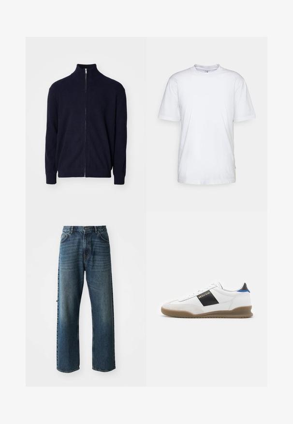 Sweater zippé bleu marine avec un col haut, en tissu côtelé texturé, à manches longues et avec une fermeture éclaire en métal.; T-shirt en coton blanc avec un col rond, des manches courtes et un ourlet droit. Présente une petite étiquette de marque sur la couture latérale gauche.; NN.07 OTIS - Jean droit - stonewashed; Basket blanche avec des accents noirs et bleus, dessus en suède et cuir, bout rond, semelle plate en caoutchouc, et détail de marque dorée sur le côté.