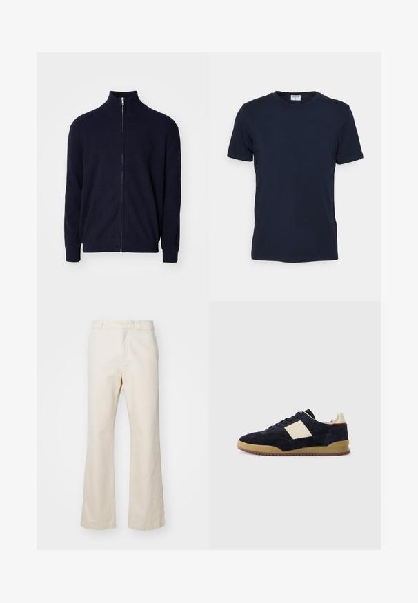Marine-blauwe rits trui met hoge kraag, gestructureerde ribstof, lange mouwen en een metalen ritsluiting.; Marineblauwe crewneck t-shirt gemaakt van zachte stof. Korte mouwen met een klassieke pasvorm, met een label aan de hals. Soepele textuur, minimale uitstraling.; Beige katoenen broeken met een rechte pijp, voorzien van een ritssluiting en knoopsluiting aan de voorkant, een gladde textuur en een minimalistische stijl.; Marineblauwe sued sneaker met een crèmekleurig zijpaneel, rubberen zool en donkere veters, met PS Paul Smith branding op de zijkant en hiel.