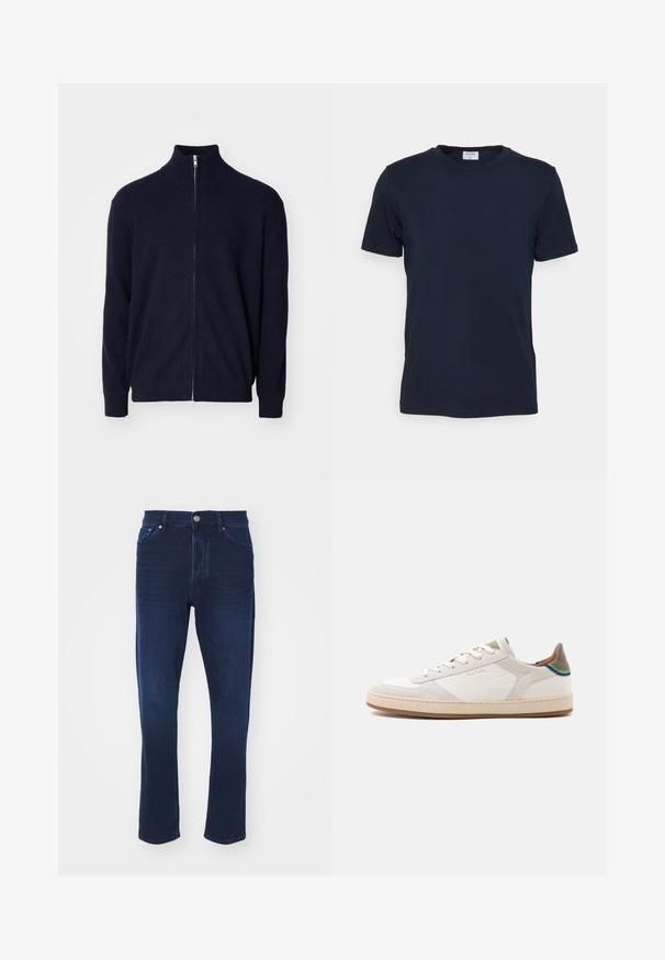 Marine-blauwe rits trui met hoge kraag, gestructureerde ribstof, lange mouwen en een metalen ritsluiting.; Marineblauwe crewneck t-shirt gemaakt van zachte stof. Korte mouwen met een klassieke pasvorm, met een label aan de hals. Soepele textuur, minimale uitstraling.; Donkerblauwe spijkerbroeken van denim met een middelhoge taille, recht gesneden pijpen, vijf zakken en een klassieke metalen knoopsluiting.; Witte lage sneaker met beige zool, veters aan de voorkant, groene en blauwe detail op de hiel en subtiel gouden "Paul Smith" logo aan de zijkant.
