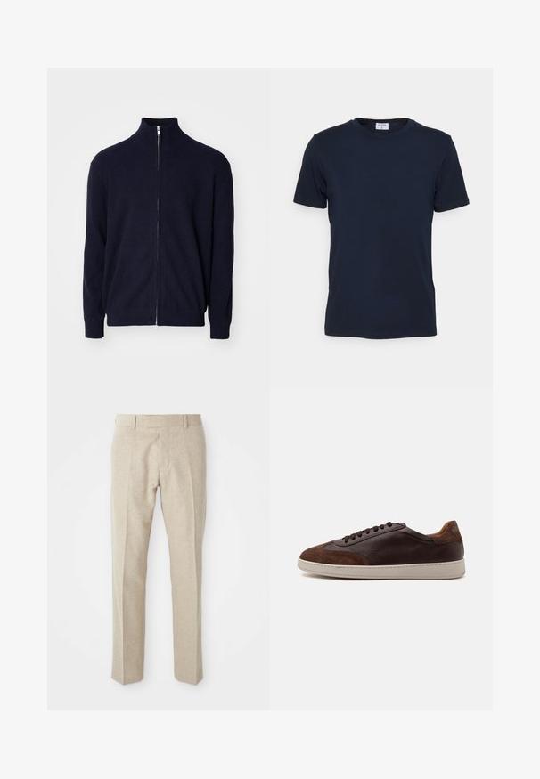 Marine-blauwe rits trui met hoge kraag, gestructureerde ribstof, lange mouwen en een metalen ritsluiting.; Marineblauwe crewneck t-shirt gemaakt van zachte stof. Korte mouwen met een klassieke pasvorm, met een label aan de hals. Soepele textuur, minimale uitstraling.; Beige op maat gemaakte broeken van gestructureerde stof, met een vlakke voorkant, rechte pijpen en een traditionele tailleband met riemlussen.; Lage bruine leren en suède sneaker met donkerbruine veters en een witte rubberen zool, gezien vanaf de buitenkant.