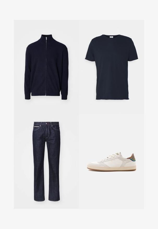 Marine-blauwe rits trui met hoge kraag, gestructureerde ribstof, lange mouwen en een metalen ritsluiting.; Navyblauwe katoenen t-shirt met ronde hals en korte mouwen, met een gladde textuur en eenvoudig ontwerp, zonder zichtbare patronen of accenten.; Donkerblauwe denim jeans met een rechte snit, subtiele contrasterende stiksels, vijf zakken en een knoopsluiting bij de taille.; Witte lage sneaker met beige zool, veters aan de voorkant, groene en blauwe detail op de hiel en subtiel gouden "Paul Smith" logo aan de zijkant.