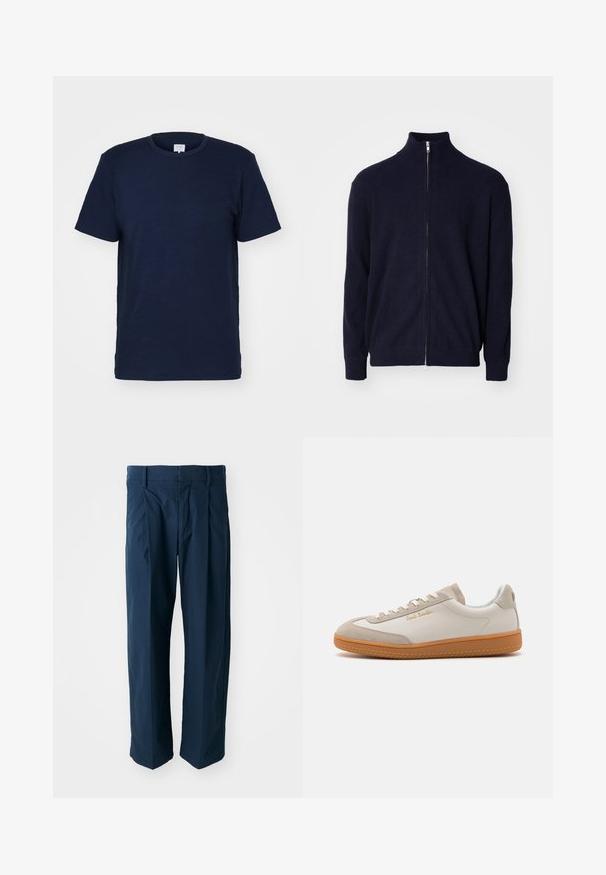 Sweater zippé bleu marine avec un col haut, en tissu côtelé texturé, à manches longues et avec une fermeture éclaire en métal.; T-shirt bleu marine à manches courtes avec un col rond, fabriqué en tissu doux, présentant une texture lisse et un design simple sans motifs.; Pantalons bleu marine en coton, présentant une coupe décontractée, des plis plats à l'avant et une taille plate avec passants de ceinture.; Baskets basses blanches et beiges avec semelle en caoutchouc, lacets blancs, détails en daim et logo doré "Paul Smith" sur le côté.