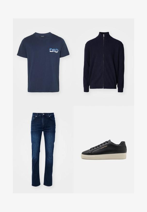 Marineblå zip-up sweater med høj krave, tekstureret ribbet stof, lange ærmer og metal lynlås.; Mørkeblå bomulds T-shirt med korte ærmer. Har en hvid grafisk tekst "DAD" på venstre side, i fed skrift. Enkel og afslappet design.; Mørkeblå denim jeans med lige ben, der har et klassisk fem-lomme design og diskrete stikninger.; Sorte lædersneakers med en glat finish, kontrasterende cremefarvet sål, rund tå, guld logo på siden og seks huller til snørebånd.