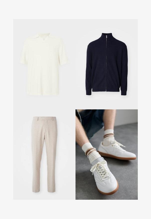 Marineblauer Reißverschluss-Pullover mit hohem Kragen, strukturiertem Rippstoff, langen Ärmeln und einem Metallreißverschluss.; Kurzärmeliges Poloshirt in hellecreme Farbe, aus strukturiertem Stoff, mit V-Ausschnitt und klassischem Kragen.; Beige Woven-Hosen mit geradem Schnitt, flachem Bund, Gürtelschlaufen und ohne sichtbare Muster oder Hardware-Details.; Weiße Ledersneaker mit glatter Textur, grauen Wildlederelementen, beigen Gummisohlen und flachen Schnürsenkeln. Kombiniert mit cremefarbenen und braun gestreiften Socken.