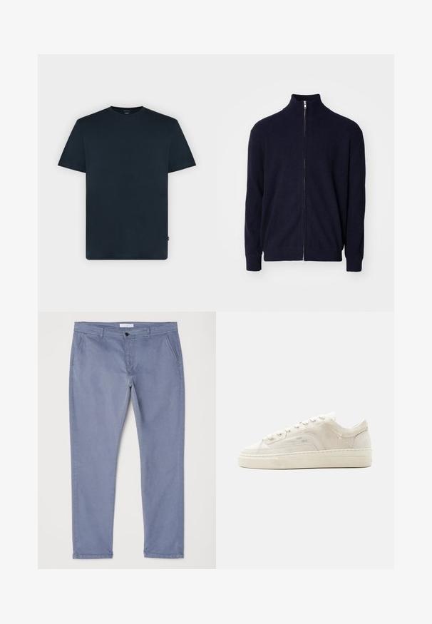 Marineblauer Reißverschluss-Pullover mit hohem Kragen, strukturiertem Rippstoff, langen Ärmeln und einem Metallreißverschluss.; Dunkel marineblaues T-Shirt mit kurzen Ärmeln und Rundhalsausschnitt, mit dezentem Präge-Logo auf der Brust und kleinem Seitenschild auf hellem einfarbigem Hintergrund.; Hellblaue Baumwollchinos mit Slim Fit, flachem Bund und zwei Seitentaschen. Mit einem einzigen Knopfverschluss und Gürtelschlaufen.; Weißer Sneaker mit niedrigem Schaft, Schnürung, strukturiertem Stoffobermaterial und dicker Gummisohle, von der Außenseite auf einfachem Hintergrund gezeigt.