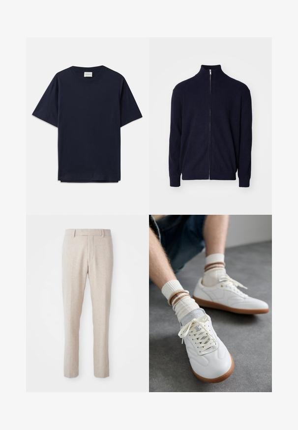 Marineblauer Reißverschluss-Pullover mit hohem Kragen, strukturiertem Rippstoff, langen Ärmeln und einem Metallreißverschluss.; Dunkelblauses Baumwoll-T-Shirt mit kurzen Ärmeln, Rundhalsausschnitt und lockerer Passform. Das Etikett am Ausschnitt trägt den Schriftzug "CLOSED". Glatte Textur.; Beige Woven-Hosen mit geradem Schnitt, flachem Bund, Gürtelschlaufen und ohne sichtbare Muster oder Hardware-Details.; Weiße Ledersneaker mit glatter Textur, grauen Wildlederelementen, beigen Gummisohlen und flachen Schnürsenkeln. Kombiniert mit cremefarbenen und braun gestreiften Socken.