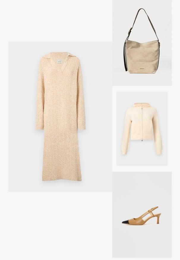 Cremefarbener, gestrickter Kapuzenpullover mit Reißverschluss, langen Ärmeln, gerippten Bündchen und zwei vorderen Taschen, präsentiert vor einem schlichten, hellen Hintergrund.; Beiges Strickkleid mit V-Ausschnitt und Kragen, langen Ärmeln und gerippten Bündchen. Weiche Textur mit einem leicht strukturierten Muster im gesamten Kleid.; Beige Slingback-Absatzschuhe mit einer spitzen schwarzen Zehenkappe, ausgeschnittenen Seiten und einem mittelhohen Blockabsatz. Glattes Leder.; Beige Wildleder-Schultertasche mit einem Träger und kleinem goldfarbenem Michael Kors-Logo nahe der unteren Mitte.