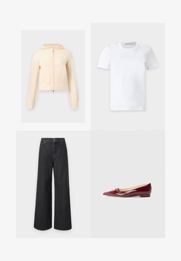 Sweat à capuche crème en tricot à fermeture éclair, manches longues, poignets côtelés et deux poches avant, présenté sur un fond clair uni.; T-shirt blanc uni à manches courtes et col rond avec une petite étiquette de marque à l'intérieur du col portant la mention "Tiger of Sweden."; Jean noir large à taille haute avec fermeture à boutons et fermeture éclair, poches avant et passants pour ceinture.; Ballerines en cuir verni bordeaux avec un bout pointu, présentant un petit détail découpé et un petit talon. Texture lisse et design épuré.