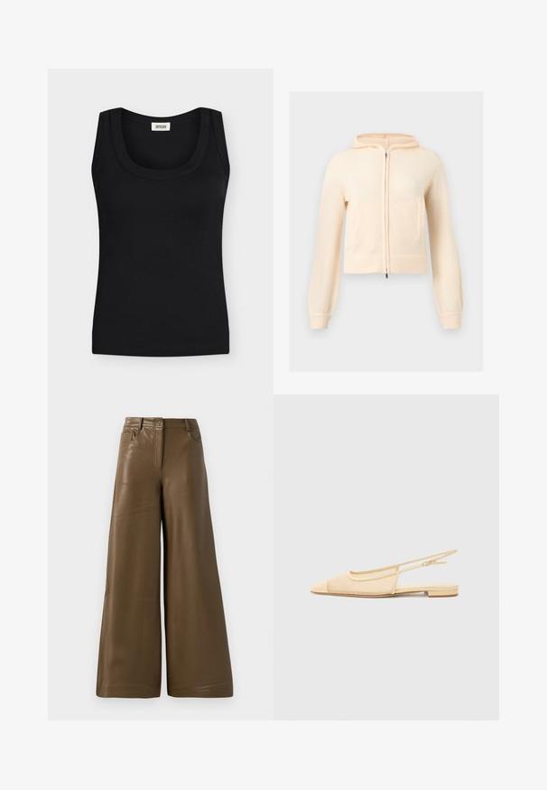 Sweat à capuche crème en tricot à fermeture éclair, manches longues, poignets côtelés et deux poches avant, présenté sur un fond clair uni.; Débardeur noir côtelé sans manches avec larges bretelles et encolure ronde, étiquette de marque visible à l'intérieur du col.; Pantalons à jambes larges en simili cuir marron lisse. Présentent une taille haute, quatre poches et une fermeture éclair sur le devant. Texture plate et design minimaliste.; Chaussure plate slingback en beige clair avec une tige en maille, un bout pointu et un petit talon. Dotée d'une sangle ajustable pour un bon maintien.