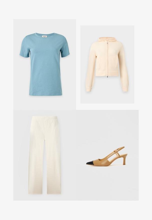 Sweat à capuche crème en tricot à fermeture éclair, manches longues, poignets côtelés et deux poches avant, présenté sur un fond clair uni.; T-shirt bleu clair à manches courtes et col rond avec un design simple et uni, présenté sur fond blanc.; Pantalon large écru avec taille élastique et subtils détails de couture à l'avant, présenté sur fond uni.; Escarpins slingback couleur fauve avec embout pointu noir, côtés découpés et talon bloc de hauteur moyenne. Matière en cuir lisse.