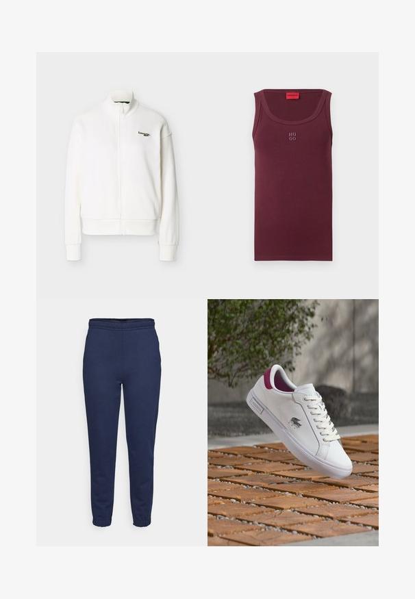 Valkoinen vetoketjullinen takki korkealla kauluksella, pitkät hihat, resorireunukset ja pieni vihreä Lacoste-logo vasemmassa rinnassa.; Burgundinpunainen puuvillainen toppi, jossa on pyöreä kaula-aukko, hihaton design ja pieni kirjailtu "HUGO"-logo edessä.; Tummansiniset collegehousut, joissa on joustava vyötärönauha ja nilkkateipit, etunäkymä, valmistettu pehmeästä kankaasta rentoon käyttöön.; Valkoinen matala tennari, jossa viininpunainen kantapää, Lacosten logo sivulla, valkoiset nauhat ja valkoinen pohja, asetettuna ulkona puulattialle.