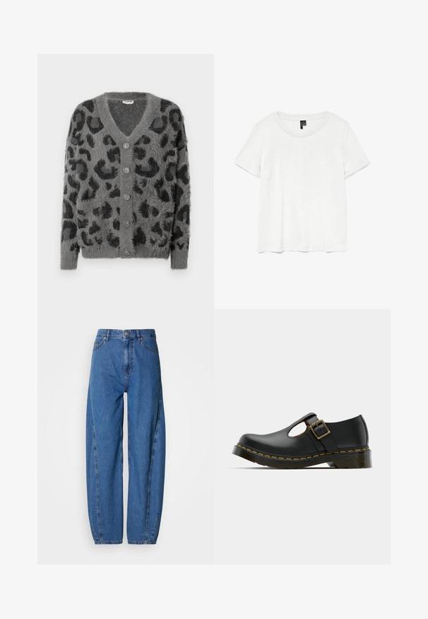 Grå leopardmønstret cardigan med en fuzzy tekstur, en V-halsudskæring og seks grå knapper langs fronten. Lange ærmer og en afslappet pasform.; Hvid kortærmet t-shirt med rund halsudskæring, lavet af letvægtsstof. Enkel design, glat tekstur og lige kant.; Blå denimjeans med løs pasform, som har høj talje, to forlommer og design med lige ben. Syninger langs sømmene som dekorative detaljer.; Sort lædersko med rund tå, ankelrem og spænde, lav hæl og gul syning langs sålen. Glat tekstur overalt.