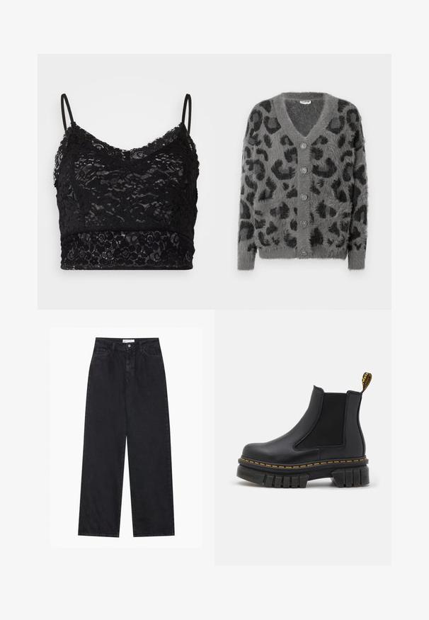 Cardigan à imprimé léopard gris avec une texture duveteuse, un décolleté en V et six boutons gris sur le devant. Manches longues et coupe décontractée.; Bralette en dentelle noire avec des bretelles spaghetti réglables, un motif de dentelle florale et une bande noire unie en bas.; Jeans en denim noirs taille haute à jambes larges avec fermeture à bouton et zip à l'avant, passants de ceinture et style à cinq poches.; Bottine chelsea noire en cuir et élastique. Dotée d'une semelle en caoutchouc épaisse, de coutures jaunes et d'une languette à l'arrière.
