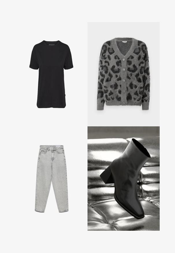 Grå leopardmønstret cardigan med en fuzzy tekstur, en V-halsudskæring og seks grå knapper langs fronten. Lange ærmer og en afslappet pasform.; Sort bomulds T-shirt med korte ærmer, rund halsudskæring og oprullede manchetter; har et diskret mærketræk på sidekanten.; Lysegrå højtaljede jeans med lige ben, forlommer, bæltestropper og lynlåslukning.; Sorte ankelstøvler lavet af glossy materiale med firkantet tå og spidse hæle, sat mod en skinnende sølv tuftet baggrund.