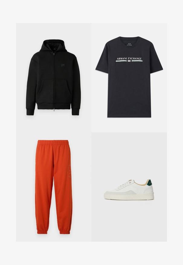Zwarte hoodie met rits, gemaakt van zacht materiaal, voorzien van een logo-opgenaaide patch aan de voorkant, twee voorkruiszakken en ribben aan de mouwen en onderkant.; Zwarte katoenen t-shirt met het logo "Armani Exchange" en "1991" in witte en lichtblauwe tekst op de borst. Korte mouwen, ronde hals.; Oranje sweatpants met een elastische tailleband en boorden. Beschikt over een bedrukte logo aan de zijkant. Gemaakt van een zachte, gestructureerde stof.; Witte sneaker met suède accenten, ronde neus, platte veters en een crème rubberen zool. Bevat groene branding op de hiel.