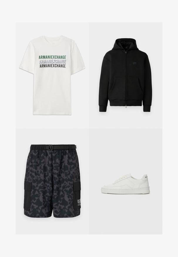 Black hoodie med lynlås, lavet af blødt materiale, har et logo-patch på forsiden, to frontlommer og ribbede manchetter og kant.; Hvid bomulds t-shirt med gentaget tekst "ARMANIEXCHANGE" i grøn, blå og sort. Korte ærmer og en klassisk rund halsudskæring.; Sorte shorts med et mørkt camo-mønster, elastisk talje, sidelommer og et bælte med spænde. Fremstillet af let, komfortabelt materiale.; Hvide lædersneakers med en glat overflade, rund tå, flade snørebånd og en tekstureret sål. Har et diskret logo på hælen.