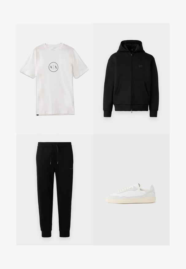 Haut à capuche noir avec fermeture éclair, fabriqué à partir d'un matériau doux, présente un patch logo à l'avant, deux poches avant et des poignets et un ourlet côtelés.; T-shirt blanc en coton à manches courtes, avec un logo circulaire noir portant "A/X" au centre, design classique à col rond.; Pantalons de sport noirs en mélange de coton, dotés d'une taille élastique avec cordon de serrage, de chevilles côtelées et d'une impression de logo discrète sur le côté.; Baskets blanches avec dessus en daim et cuir texturé. Caractérisées par un bout arrondi, une fermeture à lacets et une semelle en caoutchouc beige contrastante.