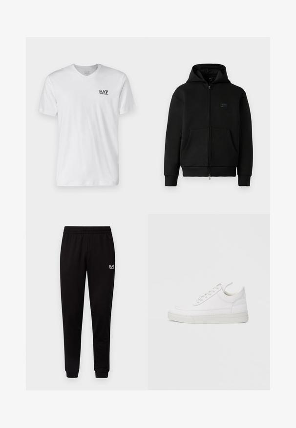 Schwarze Kapuzenjacke mit Reißverschluss, aus weichem Material, verfügt über ein Logo-Patch auf der Vorderseite, zwei Fronttaschen sowie Rippbündchen an Ärmeln und Saum.; Weißes Baumwoll-T-Shirt mit V-Ausschnitt und kurzen Ärmeln, ausgestattet mit einem schwarzen EA7-Logo auf der linken Brust. Glatte Textur, schlichtes Design.; Schwarze Sweatpants mit elastischem Bund, schmal zulaufenden Beinen und einem kleinen weißen Logo auf der oberen linken Seite. Glatte Textur und einfaches Design.; Weißer Ledersneaker mit abgerundetem Zehenbereich, flacher Sohle und Schnürverschluss. Verfügt über Nahtdetails und einen gepolsterten Kragen für zusätzlichen Komfort.