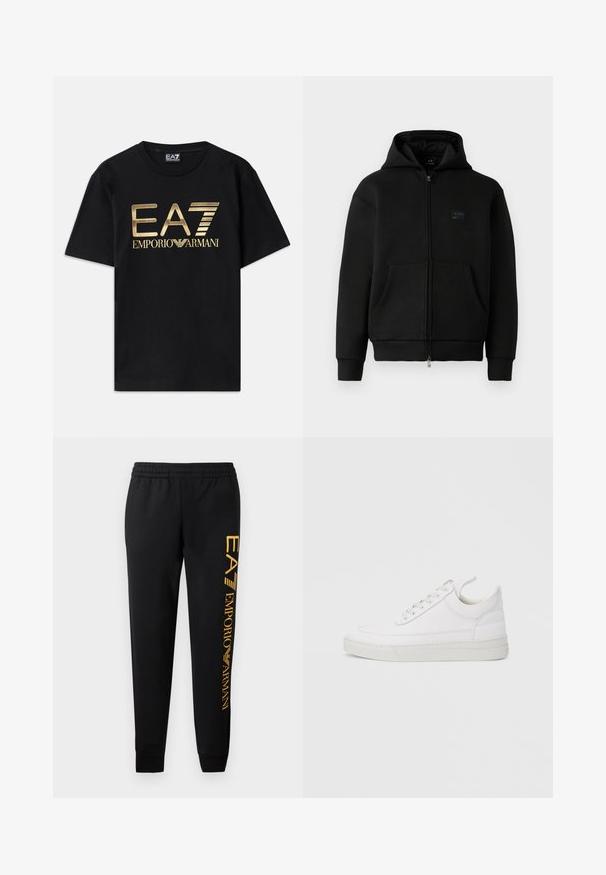 Schwarze Kapuzenjacke mit Reißverschluss, aus weichem Material, verfügt über ein Logo-Patch auf der Vorderseite, zwei Fronttaschen sowie Rippbündchen an Ärmeln und Saum.; Schwarzes Baumwoll-T-Shirt mit kurzen Ärmeln, auf dessen Vorderseite ein in Gold gedrucktes "EA7 EMPORIO ARMANI" Logo prangt. Schlichtes Design, Rundhalsausschnitt.; Schwarze Jogginghose mit elastischem Bund und gerippten Säumen. Mit einem vertikalen goldenen Logodruck auf dem linken Bein. Aus weichem Stoff gefertigt.; Weißer Ledersneaker mit abgerundetem Zehenbereich, flacher Sohle und Schnürverschluss. Verfügt über Nahtdetails und einen gepolsterten Kragen für zusätzlichen Komfort.