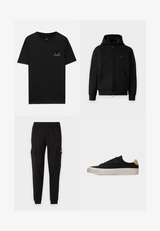 Schwarze Kapuzenjacke mit Reißverschluss, aus weichem Material, verfügt über ein Logo-Patch auf der Vorderseite, zwei Fronttaschen sowie Rippbündchen an Ärmeln und Saum.; Schwarzes Baumwoll-T-Shirt mit Rundhalsausschnitt. Verfügt über ein kleines goldfarbenes Logo-Patch auf der linken Brust mit dem Text "AX Armani Exchange". Klassische Passform.; Schwarze Cargo-Hosen mit elastischem Bund, zwei Seitentaschen und Logodetail auf der linken Seite. Glatte Textur, verjüngt an den Knöcheln.; Schwarzer Low-Top-Sneaker mit beigem Fersenlasche, weißer dicker Gummisohle, schwarzen Schnürsenkeln und kleinem "PS Paul Smith"-Label an der Seite.