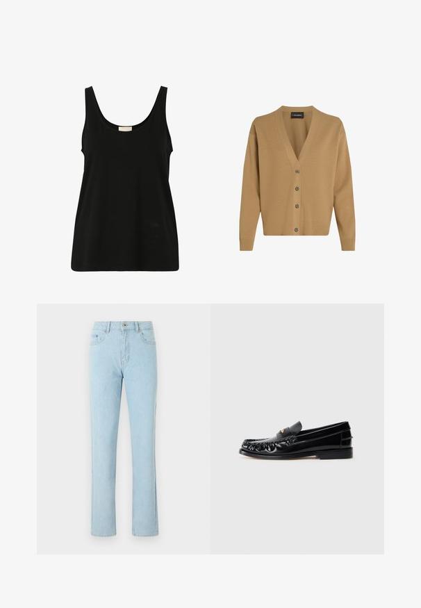 Khaki cardigan met V-hals, lange mouwen, sluiting met vijf knopen en ribbelzoom. Gemaakt van een zacht breimateriaal met een gestructureerde afwerking.; Zwarte mouwloze tanktop van zachte katoen, met een ronde hals en een ontspannen pasvorm, zonder zichtbare patronen of hardwaredetails.; Lichtblauwe straight-leg spijkerbroek met voor- en achterzakken, knoop- en ritsluiting, weergegeven op een witte achtergrond.; Zwarte leren instappers met een ronde neus, decoratieve stiksels en een kleine gouden accent op de wreef. Platte rubberen zool, strak design.
