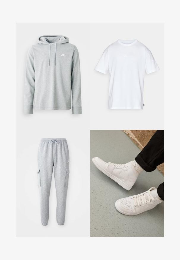 Hellgrauer Hoodie aus weichem Material, mit langenÄrmeln, einer frontalen Kängurutasche und einem kleinen weißen Logo auf der Brust.; Weißes Baumwoll-T-Shirt mit kurzen Ärmeln und Rundhalsausschnitt. Verfügt über ein kleines, dezentes Nike-Logo auf der Brust und ein seitliches Etikett.; Graue Sweatpants aus weichem Material, mit elastischem Bund und Kordelzug, zwei seitlichen Cargo-Taschen und schmal zulaufenden Bündchen.; Weisse High-Top-Sneaker aus glattem Leder mit perforierter Zehenpartie, Schnürverschluß und dezentem Logodetail an der Seite. Strukturierte Gummisohle.