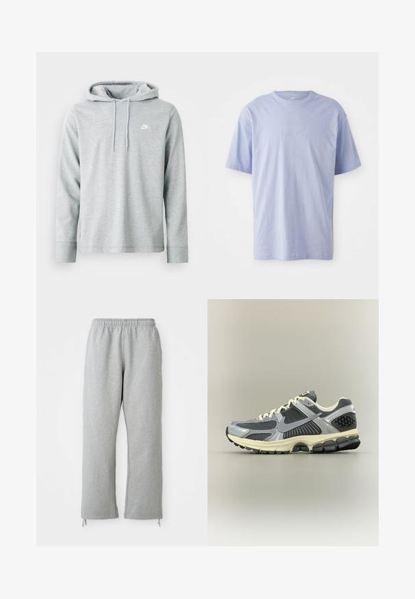 Lichtgrijze hoodie van zacht materiaal, met lange mouwen, een voorzak in kangoeroestijl en een klein wit logo op de borst.; Lichtblauwe katoenen T-shirt met een ronde hals en korte mouwen. Kenmerkt zich door een reliëf "nike" logo op het midden van de voorkant. Zachte textuur.; Grijze sweatpants met een elastische tailleband, rechte pijpen en trekkoordaccenten aan de zoom. Gemaakt van zachte, gestructureerde stof.; Grijze en zwarte Nike hardloopschoen met witte veters en een beige zool, vanaf de zijkant op een neutrale achtergrond.