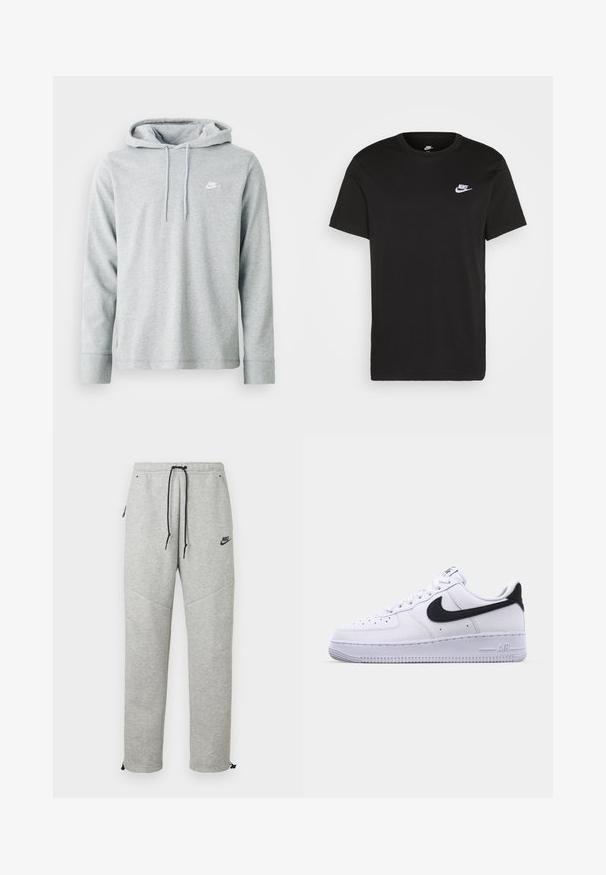 Hellgrauer Hoodie aus weichem Material, mit langenÄrmeln, einer frontalen Kängurutasche und einem kleinen weißen Logo auf der Brust.; Schwarzes Baumwoll-T-Shirt mit kurzen Ärmeln, Rundhals und kleinem weißem Nike-Logo auf der oberen linken Brust. Glatte Textur. Klassische Passform.; Graue Nike Sweatpants mit einem Kordelzugbund, Seitentaschen und elastischen Bündchen. Sie haben eine glatte Textur und ein kontrastierendes schwarzes Logodetail.; Weißes Leder-Sneaker mit einem strukturierten schwarzen Swoosh, flachen Schnürsenkeln und einer Gummisohle mit genoppetem Muster. "AIR" ist auf der Ferse eingeprägt.