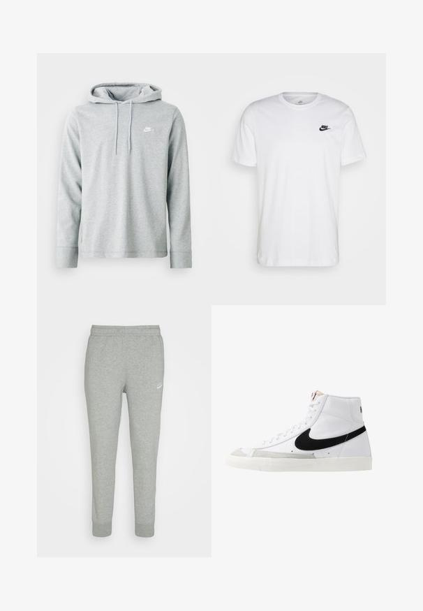 Heled hallist kangaroo taskuga pehme kangast kapuutsiga, pikkade varrukatega ja rinnal väikese valge logoga.; Valge puuvillane T-särk, millel on ringkaelus, lühikesed varrukad ja must Nike logo vasakul rinnal. Lihtne, ühtlane värvi disain.; Hallid hallid dressipüksid, mis on valmistatud pehmest kangast, kitseneva sääre disainiga, elastse vöökoha ja väikese valge Nike logo abil vasakul reitel.; Valged kõrgemad tenniseked musta logoga, tekstureeritud halli varbakattega ja lapikuga valge tallaga. Omab kuut silmust ja õmmeldud detaile.