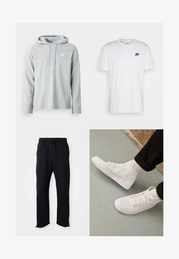 Heled hallist kangaroo taskuga pehme kangast kapuutsiga, pikkade varrukatega ja rinnal väikese valge logoga.; Valge puuvillane T-särk, millel on ringkaelus, lühikesed varrukad ja must Nike logo vasakul rinnal. Lihtne, ühtlane värvi disain.; Mustad mustaräätsed paelaga ja elastse vööga, küljetaskud, kitsenevad sääred ja tõmblukud pahkluude juures. Sile tekstuur.; Valged kõrged spordijalatsid sujuvast nahast, millel on perforatsioonidega varvas, paeltega sulgemine ja diskreetne logodetail küljel. Tekstuuriga kummitald.