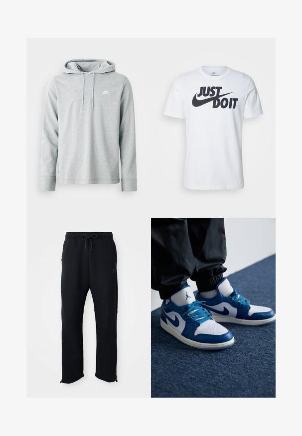 Heled hallist kangaroo taskuga pehme kangast kapuutsiga, pikkade varrukatega ja rinnal väikese valge logoga.; Valge puuvillane T-särk, millel on silmapaistev must "Just Do It" logo ja Nikei suss. Klassikaline ümmargune kaelus ja lühikesed varrukad.; Mustad mustaräätsed paelaga ja elastse vööga, küljetaskud, kitsenevad sääred ja tõmblukud pahkluude juures. Sile tekstuur.; Nike Air Jordan tennisijalad on valge nahast alus siniste sünteetiliste detailidega, aukudega varbakoht ja sinised paelad.