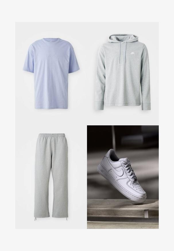 Lichtgrijze hoodie van zacht materiaal, met lange mouwen, een voorzak in kangoeroestijl en een klein wit logo op de borst.; Lichtblauwe katoenen T-shirt met een ronde hals en korte mouwen. Kenmerkt zich door een reliëf "nike" logo op het midden van de voorkant. Zachte textuur.; Grijze sweatpants met een elastische tailleband, rechte pijpen en trekkoordaccenten aan de zoom. Gemaakt van zachte, gestructureerde stof.; Witte Nike Air Force 1 sneaker van leer met geperforeerde neus, platte veters en een gestructureerde rubberen zool met "AIR"-logo aan de zijkant.