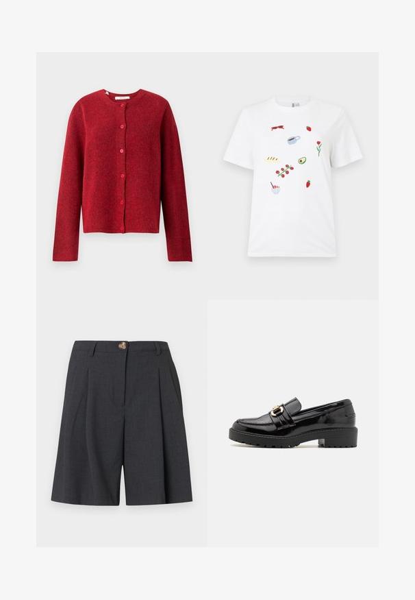 Selected SLFLULU - Cardigan - equestrian red; Hvid T-shirt med små broderede motiver af røde solbriller, jordbær, en kaffekop, brød, en tomatranke, en avocado halvdel, en blomst og en dessertskål.; Mørkegrå skræddersyede shorts med bæltestropper, frontknaplukning og læg, designet til et formelt eller business-casual look.; Sorte lakerede loafers med en lav blokhæl, der har en fremtrædende gullignende spænde og en struktureret, rillede sål.