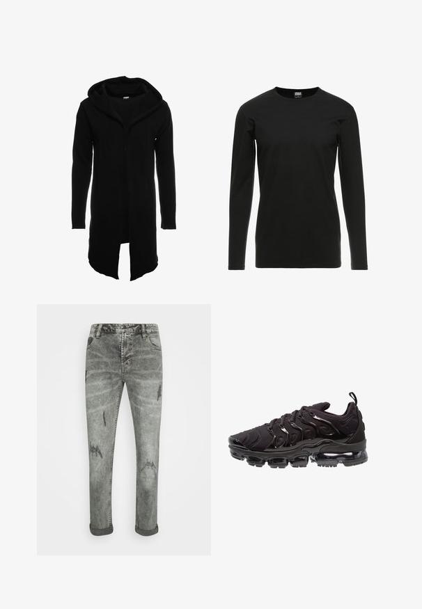 Sort lang hoodie med lynlås fortil, lavet af blødt stof, har hætte og lange ærmer, med lige kant og uden synlige mønstre.; Urban Classics STRETCH TERRY - Langærmet T-shirt - black; Grå denim jeans med en falmet finish, med slidte detaljer og oprevne kanter. Fem-lomme design med lige ben.; Sorte atletiksko med et tekstureret stofoverdel, metalliske detaljer og en markant luftfyldt sål. Har distinkte bølge-lignende designelementer.