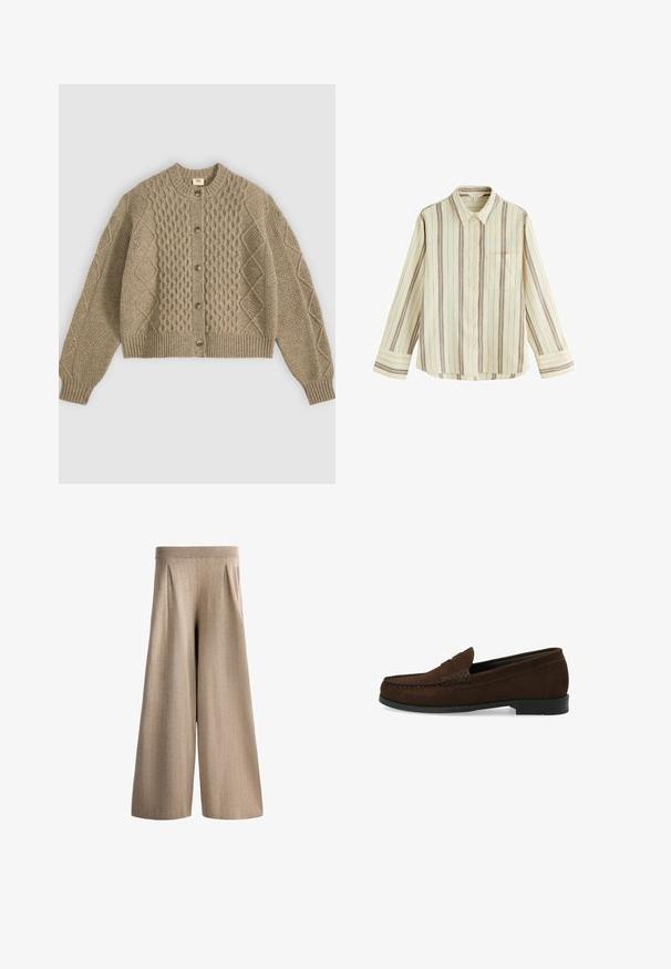 Beige gebreide wollen cardigan met kabel- en diamantpatronen, geribde boorden en zoom, en vijf bruine knopen aan de voorkant.; Lange mouwen overhemd met knopen, verticale beige en bruine strepen, puntkraag, voorzak en manchetten aan de mouwen.; Beige broek met hoge taille en wijde pijpen, met subtiele verticale krijtstrepen en voorplooien, afgebeeld op een witte achtergrond.; Bruine suède instapschoenen met een gestikt moccasin-neus, platte zwarte rubberen zool en een decoratieve bovenband en detail.