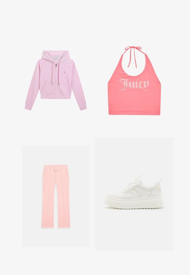 Lichtroze hoodie met rits, capuchon, voorzakken, trekkoorden en een klein geborduurd logo op de linkerborst.; Roze haltertop met strik in de nek en strassletters die "Juicy" aan de voorkant spellen.; Lichtroze joggingbroek gemaakt van zachte stof, met een trekkoord in de taille, zijzakken met ritssluiting en subtiele stiksels langs de benen.; Witte leren sneakers met een stevige zool, vetersluiting en subtiele branding. Heeft een zachte textuur en een ronde neus.