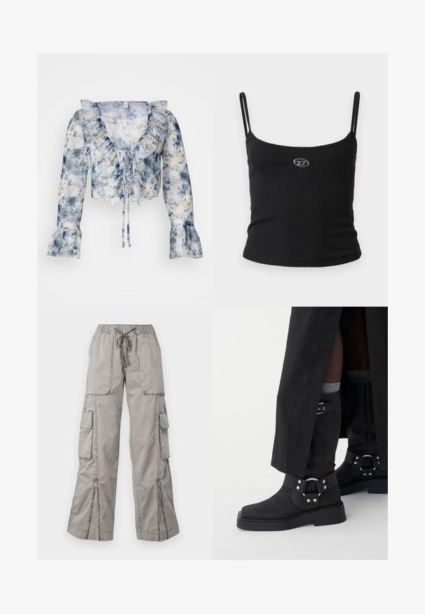 Blomstret langærmet bluse lavet af gennemsigtigt stof, med rynket halsudskæring, bindebåndslukning og klokkeærmer i bløde blå og hvide nuancer.; Sort ribstrikket camisole-top med tynde stropper og en lille metallisk logo midt på. Stoffet virker strækbart og kropsnært.; Lys grå cargo bukser med elastisk talje, justerbart bånd, flere sidelommer og lynlåsåbninger i bunden. Lavet af blødt, letvægtsstof.; Sorte ankelstøvler lavet af læder med en mat overflade, firkantet tå og dekorative spænder. Sålen er chunky og struktureret.