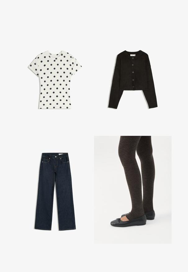 Cardigan negru scurtat tricotat, cu mâneci lungi, manșete și guler rib, și cinci nasturi negri în față.; Tricou alb cu mâneci scurte, cu buline negre dispuse uniform pe material, prezentat întins pe un fundal alb.; Blugi bleu închis cu croială largă, buzunare frontale, bucle pentru curea, închidere cu nasture și cusături contrastante pe un fundal alb.; Picioare purtând colanți închiși la culoare cu dungi, asortați cu balerini negri cu detalii mici de fundă pe un fundal alb.