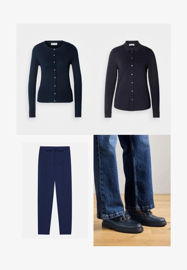 Marineblauer gestrickter Cardigan mit langen Ärmeln, gerippten Bündchen und einer Knopfleiste mit kleinen Goldknöpfen.; Marineblaue langärmelige Button-Up-Bluse mit klassischem Kragen, weichem Stoff und sechs Frontknöpfen. Sie hat enganliegende Manschetten und eine glatte Textur.; Hose in Marineblau mit bindbarem Bund, seitlichen Taschen und einer lockeren Passform. Hergestellt aus einem glatten Stoff mit einem dezenten Glanz. Maßgeschneiderter Schnitt mit Falten.; Dunkelblaue Leder Schuhe mit einer massiven Sohle und Kettendetails auf dem Obermaterial, kombiniert mit lockeren, dunkelblauen Jeans.