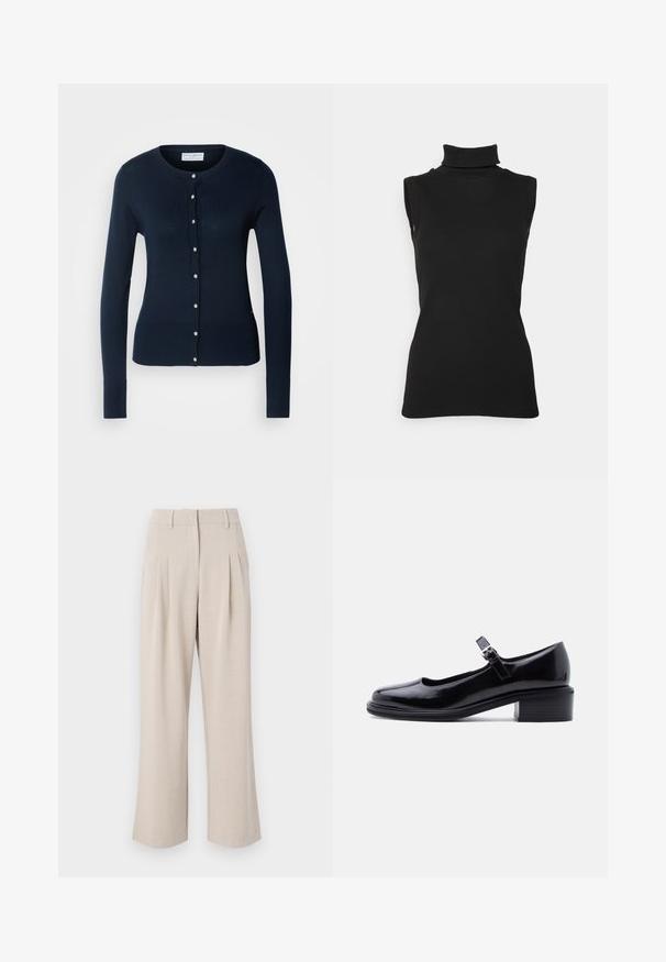 Marineblå strikket cardigan med lange ærmer, ribbede manchetter og knaplukning foran med små guldtonede knapper.; Sort ærmeløs turtleneck top lavet af ribbet stof, med høj hals og tætsiddende silhuet. Glat tekstur med minimal detaljering.; Beige viddebukser med høj talje, der har frontfolder, en glat tekstur og en skræddersyet design. Ingen synlige lommer eller udsmykninger.; Sort laklæder Mary Jane-sko med lav blokhæl og justerbar rem med spænde på ensartet lys baggrund.