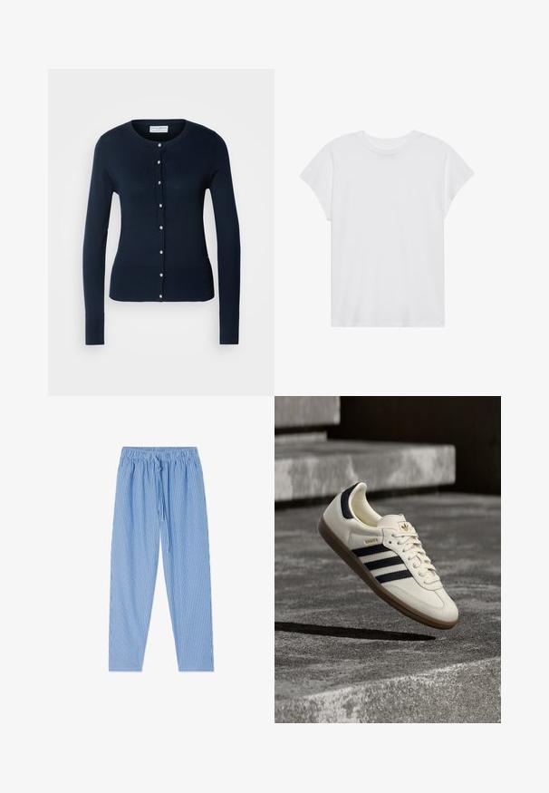 Marineblauwe gebreide cardigan met lange mouwen, geribbelde manchetten en een knoopsluiting aan de voorkant met kleine goudkleurige knopen.; Witte t-shirt met korte mouwen, ronde hals, relaxte pasvorm, gemaakt van zacht katoen. Glad textuur, geen patronen of logo's.; Blauw-witte verticale gestreepte broek met elastische tailleband en trekkoord, plat neergelegd op een witte achtergrond.; Witte Adidas Samba sneaker met zwarte strepen en gumzool, zwevend boven gestructureerde grijze betonnen treden.