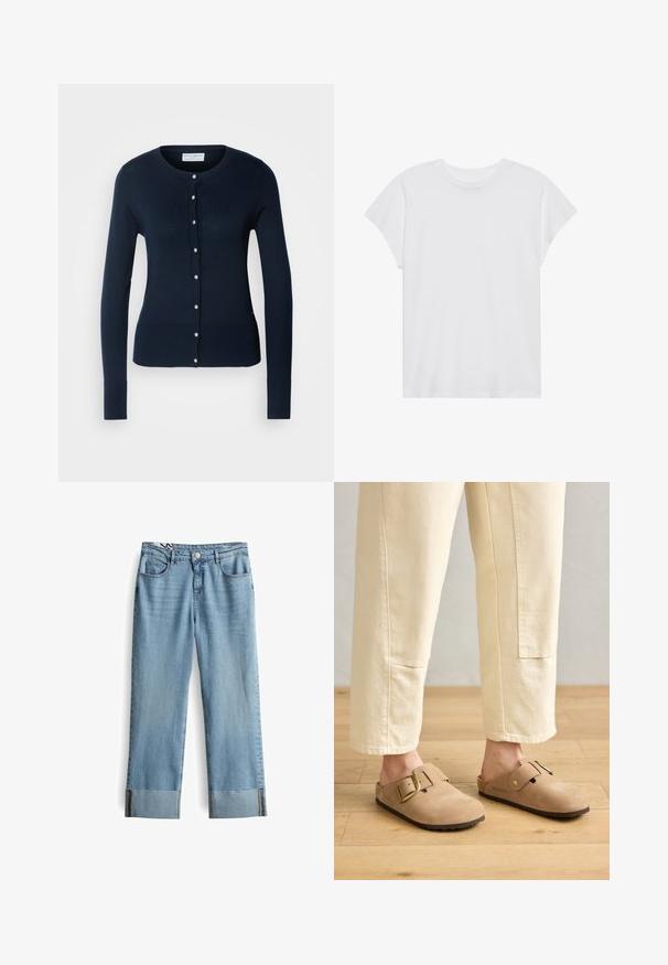 Marineblauwe gebreide cardigan met lange mouwen, geribbelde manchetten en een knoopsluiting aan de voorkant met kleine goudkleurige knopen.; Witte t-shirt met korte mouwen, ronde hals, relaxte pasvorm, gemaakt van zacht katoen. Glad textuur, geen patronen of logo's.; Lichtblauwe spijkerbroek met een rechtotige snit, voorzien van een knoopsluiting, vijf zakken en wijde omgeslagen benen.; Tan suède clogs met een brede band en gouden gesp, gestructureerd oppervlak en bruine rubberen zool; gedragen met losse ivoorkleurige taperende broeken.