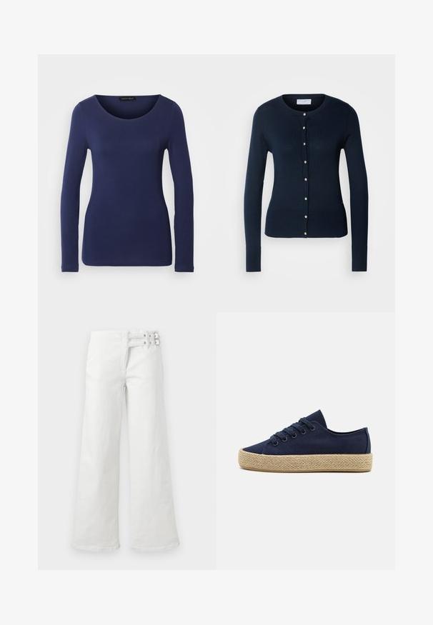 Marineblauwe gebreide cardigan met lange mouwen, geribbelde manchetten en een knoopsluiting aan de voorkant met kleine goudkleurige knopen.; Marineblauw langemouwen T-shirt van zacht materiaal met een ronde halslijn en een getailleerd ontwerp. Geen zichtbare patronen of accenten.; Witte broek met wijde pijpen en hoge taille, dubbele gesp aan de rechterkant, voorkantnaad en ritssluiting.; Marine canvas sneakers met geweven jute zolen. Bevat ronde veters en een laag ontwerp met een gladde afwerking.