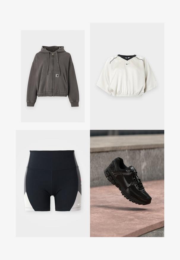 Tmavosivá mikina s kapucňou na zips s predným vreckom, sťahovacími šnúrkami, rebrovanými manžetami, elastickým lemom a malou nášivkou s logom Carhartt na vrecku.; Biely krátky športový top s čiernou lemovkou v tvare V na výstrihu, elastickým pásom, krátkymi širokými rukávmi a malým čiernym logom Nike na prednom strede.; Čierne športové šortky s vysokým pásom. Na bokoch sú sivo-biele akcenty, vyrobené z materiálu s odvodom vlhkosti a elastickými vlastnosťami.; Čierna športová obuv s hornou časťou zo sieťoviny, textúrovanými prvkami a polstrovanou podrážkou. Výrazné logo Nike na jazyku a elegantné dizajnové prvky.