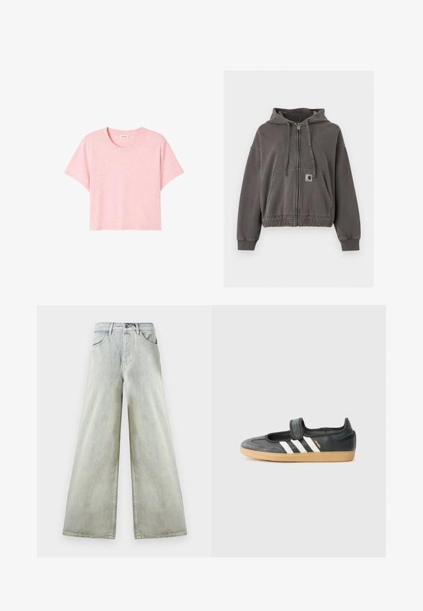 Tmavosivá mikina s kapucňou na zips s predným vreckom, sťahovacími šnúrkami, rebrovanými manžetami, elastickým lemom a malou nášivkou s logom Carhartt na vrecku.; Ružová tričko s krátkym rukávom vyrobené z mäkkej tkaniny, s okrúhlym výstrihom a voľným strihom s jemnou melírovanou textúrou.; Džínsy s vysokým pásom, svetlomodré, široké nohavice so zadnými vreckami, pútkami na opasok a hnedým gombíkom na zapínanie v páse.; Čierne kožené a zamšové tenisky s Velcro pásikom, s tromi bielymi pruhmi a gumenou podrážkou, označené nápisom "SAMBA" na boku.